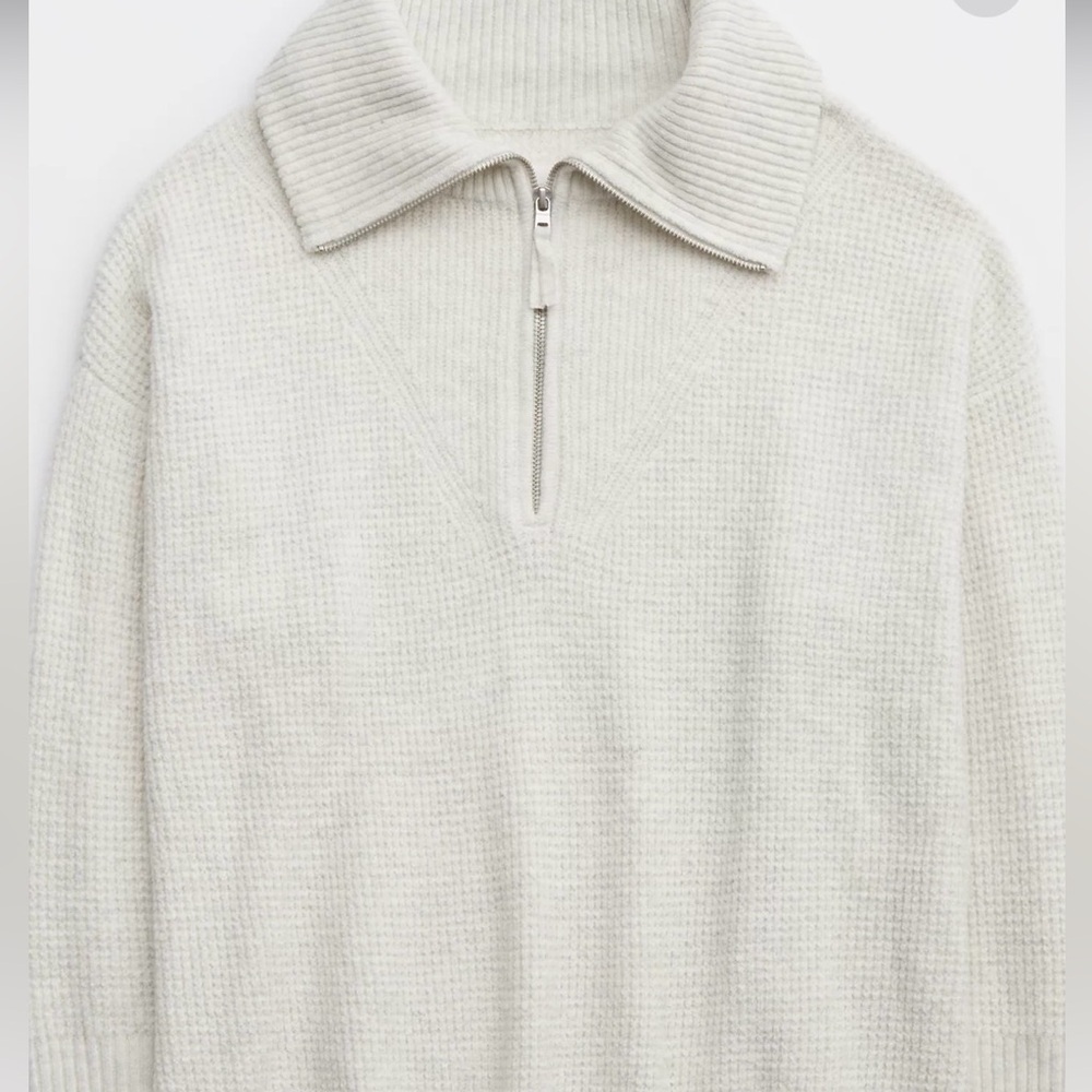 AERIE CozyUp Waffle Quarter Zip Sweater Gray Heather L - Picture 3 of 5